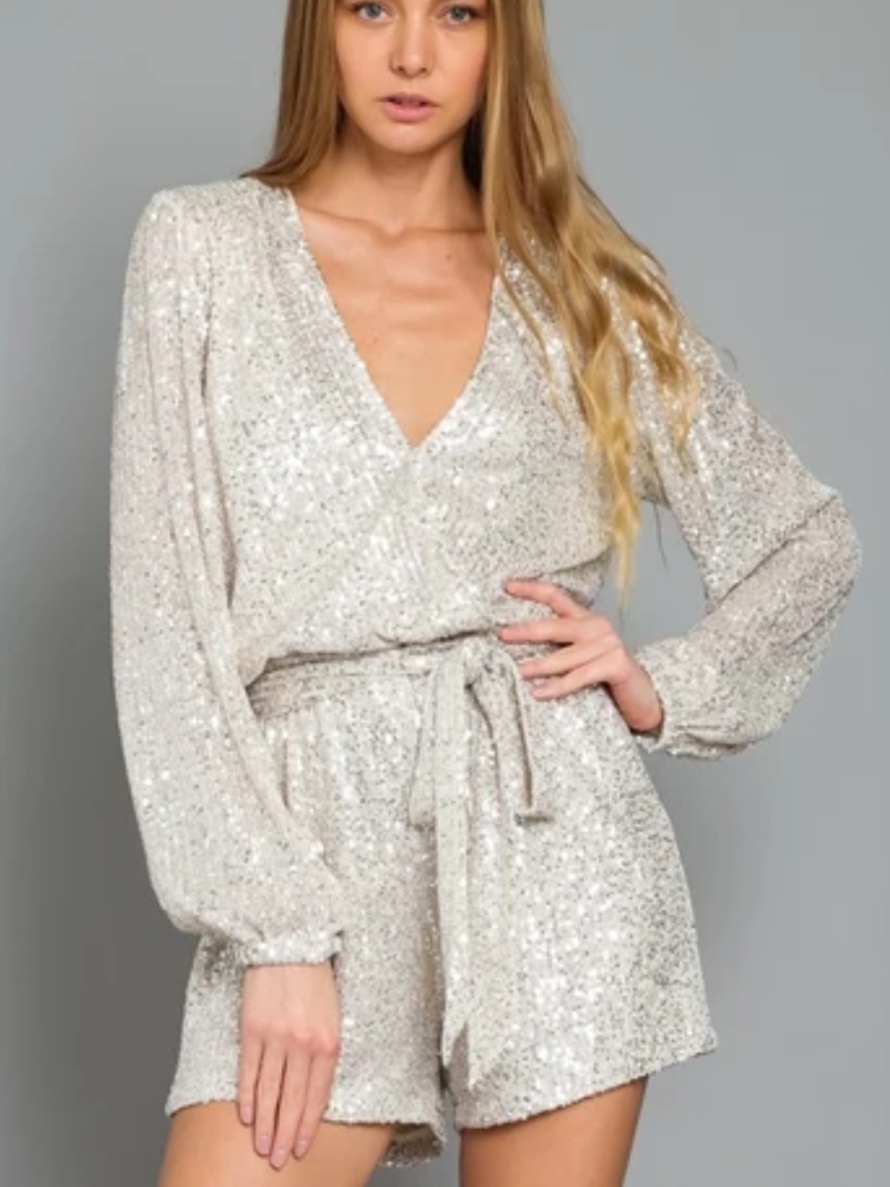 Fashion Nova Silver Sequin V-Neck Long Sleeve Romper